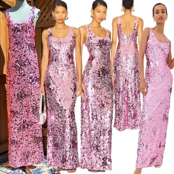 🆕 SIMKHAI 🧿 NWOT Bex Sequined Embellished Maxi Dress, Sorbet Pink- Sz US 4 - Picture 1 of 14